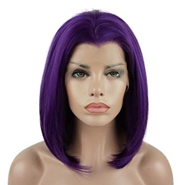 Imagem de Peruca sintética com renda frontal, curta, sedosa, em dois tons, ombré, roxo claro, peruca roxa meia-amarrada à mão, peruca realista de densidade pesada