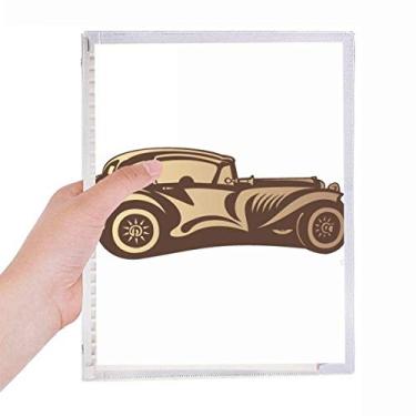 Imagem de Caderno clássico marrom com desenho de carros, folhas soltas, diário recarregável