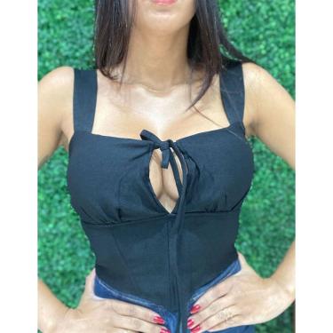 Imagem de Cropped Slim Corselet Franzido com Tiras Preto