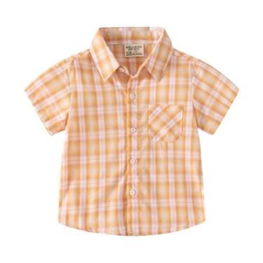 Imagem de Yueary Camisa social de manga curta com botões para bebês meninos, camiseta xadrez de verão, uniforme escolar, Amarelo, 130/5-6 Y