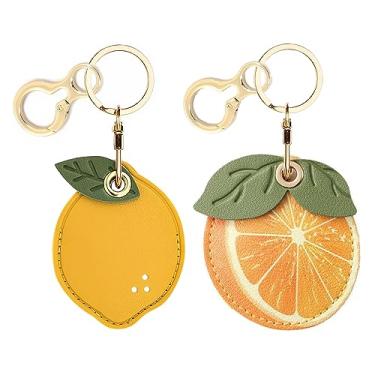 Imagem de Pacote com 2 capas de couro para chaveiro compatíveis com Apple AirTag, linda capa protetora Air Tag com anel para chaveiro, localizador de arranhões e GPS Tracker Case para chaves de carteira (limão e laranja)