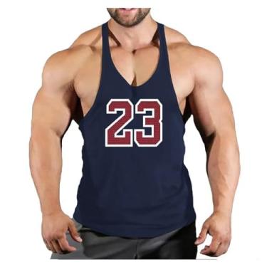 Imagem de Camiseta regata masculina gola redonda cor sólida costas nadador número impresso emagrecedor camiseta muscular, Azul-escuro, M