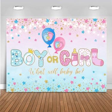 Imagem de Mocsicka Pano de fundo revelador de gênero para menino ou menina, estrelas azuis ou rosas, pontos, decoração de revelação de gênero, faixa "What Will Baby Be Gender Reveal" Background Supplies (2,1 x