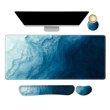 Imagem de AIMSA Conjunto grande de mouse pad para jogos, suporte de descanso de pulso para teclado + mouse pad estendido + almofada de pulso de mouse + porta-copos ergonômico, tapete de mesa multifuncional com espuma viscoelástica 89 x 39,9 cm (ondas azuis escuras)