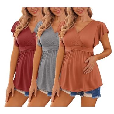Imagem de Ekouaer Camisetas femininas de maternidade pacote com 3 camisetas voadoras de manga curta para amamentação, gola V, roupas de gravidez, Caramelo + cinza + vinho tinto (3 peças), XXG