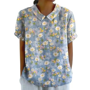Imagem de Camisetas femininas de linho estampadas florais gola lapela manga curta camisetas elegantes casuais lindas estampadas túnica leve, Azul claro, 4G