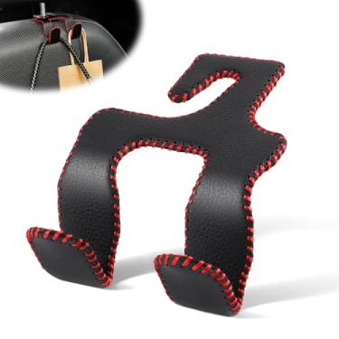 Imagem de LivTee Gancho traseiro para assento de carro de couro superior atualizado para encosto de cabeça, ganchos de carro 2 em 1 suporte para organização acessórios interiores para bolsas, casacos guarda-chuvas sacolas de compras bolsa (preto e vermelho)