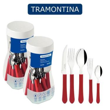 Imagem de Kit Faqueiros Tramontina de Mesa com Pote 40 peças Leme Inox, Vermelho