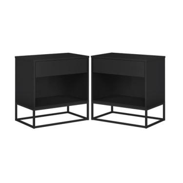 Imagem de Conjunto 2 Mesas de Cabeceira Industrial Preto com Pés de Ferro Preto 