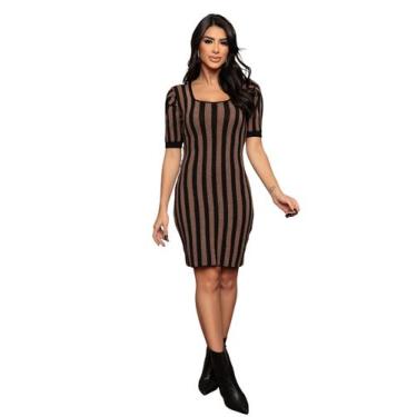 Imagem de Vestido Tricot Feminino Listrado Manga Bufante Curta - AG Acessórios, 
