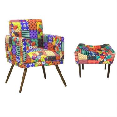 Imagem de Kit Poltrona Nina e Puff Retangular Pés Madeira Suede Patchwork - DS E