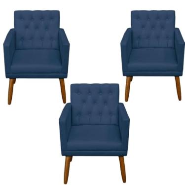 Imagem de Kit 3 Poltronas Capitone Decorativa para Sala de Estar Recepção Sala de Espera estofada pés palito madeira MOBLAN Decor (Azul Marinho)