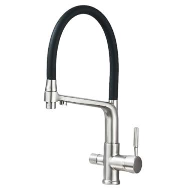 Imagem de Torneira de cozinha com filtro preto, torneiras de pia de cozinha com água purificada, rotação de 360 graus, tubo flexível, misturador de 2 funções, níquel escovado