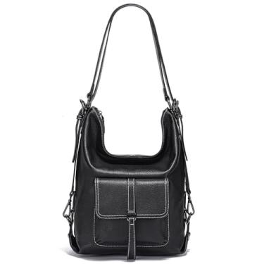 Imagem de zency Bolsa de ombro feminina conversível de couro legítimo, mochila para o trabalho, viagem, Preto