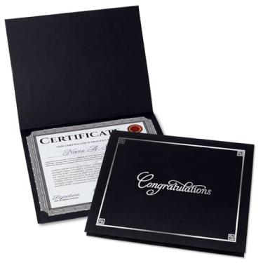 Imagem de Pastas de certificado de parabéns, preto e prata - Pacote com 50, capa de linho 36 kg. Estoque, cantos dobrados, recortados, para escritório, prêmios de negócios, graduação, titular de diploma