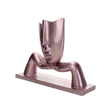 Imagem de Escultura Decorativa Máscara Com Base Em Cerâmica Rosa Metal 23x30 Cm 