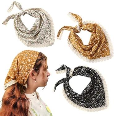 Imagem de Cachecol de cabeça para cabelo feminino, 3 peças, bandana floral, 87 x 35 cm, bandanas de cabelo triangulares grandes com borda de renda, lenço de cabelo elegante para mulheres, bandana floral