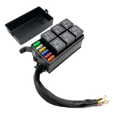 Imagem de Caixa de relé de 6 vias pré-cabeada de 12 V, caixa de fusíveis de 6 compartimentos com relés de 4 pinos 40A/12v e fusível 5/10/15/20/25/30A para projetos automotivos e caminhões de barcos marítimos