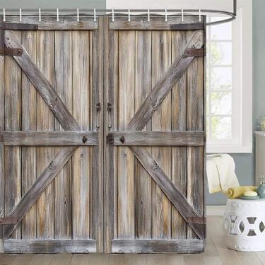 Imagem de JAWO Cortina de chuveiro para porta de celeiro, cortina de chuveiro rústica estrela do oeste do Texas, conjunto de banheiro à prova d'água para porta de garagem de cabine com ganchos, 187 x 192 cm