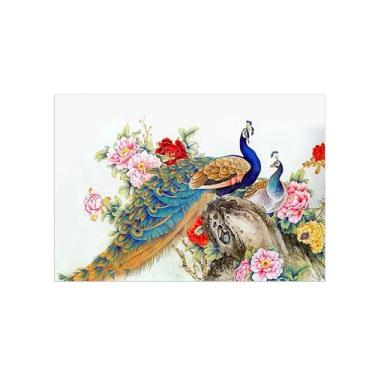 Imagem de Chinoiserie Imagem arte parede-Paisagem Pintura em Tela-Flores peônias pavão-Pôster e Impressões Decoração Sala de Estar 50x70cm20x27in Sem Moldura