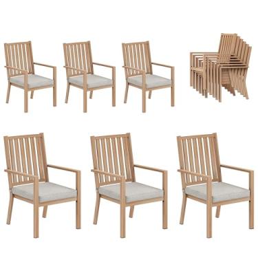 Imagem de RoyalCraft Conjunto de 6 cadeiras de jantar para pátio, cadeiras de jantar ao ar livre de alumínio com almofadas à prova d'água, móveis de metal para terraço, varanda, deck, quintal, cor de madeira