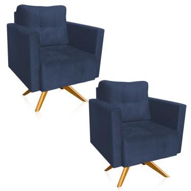 Imagem de Kit 2 Poltronas Giratória Livia Suede Azul Marinho Base De Madeira Ma30 - D'rossi