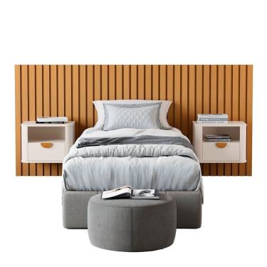 Imagem de Cabeceira Ripada Solteiro Com 2 Mesas De Cabeceira Curva Buriti Offwhite