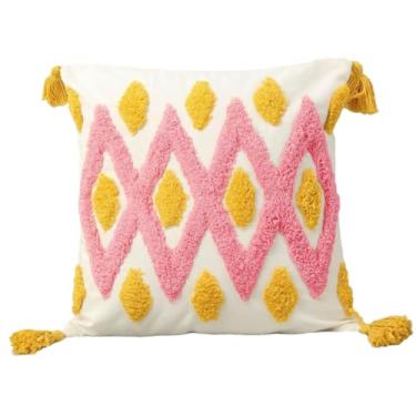 Imagem de NIDITW Capa de almofada Tufting 45,7 x 45,7 cm, listra geométrica, boêmia, luxuosa, decoração de casa, jacquard bordada, com borlas feitas à mão, macia e fofa para sofá de fazenda (rosa diamante)