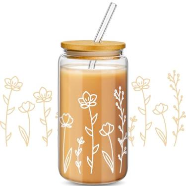 Imagem de Mumufy 1 Pacote De Presente Para Mulheres, Copo Vidro Fofo, Caneca Café Gelado Floral Com Flores Silvestres 16 Oz Tampa Bambu E Canudo, Dia Das Mães, Aniversário, Mãe, Irmã, Madrinha, Chá Bebê, Nata