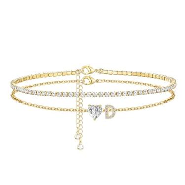 Imagem de CIOMY Tornozeleiras femininas com inicial dourada banhada a ouro 14 K, coração de zircônia cúbica, tornozeleiras femininas à prova d'água com letras ajustáveis em camadas, tornozeleira grande, verão