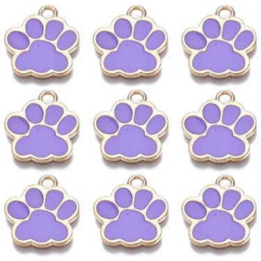 Imagem de Crafans 100 peças de pingentes de liga de pata de 17,5 x 16 mm esmaltado animal gato filhote pegada pingentes ouro claro impressões de patas de cachorro pingentes para fazer joias (violeta escuro)