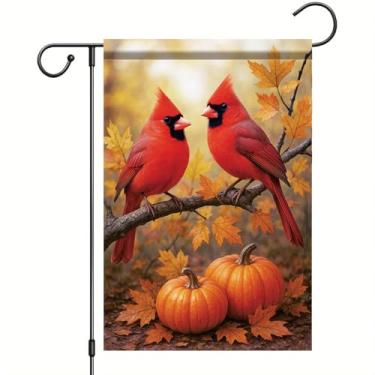 Imagem de Starlit Patio Bandeira de jardim de outono de ação de graças, bandeira de pássaro cardeal 30,5 x 45,7 cm, dupla face, ramo de folha de abóbora, faixa de jardim, outono, decoração ao ar livre, para