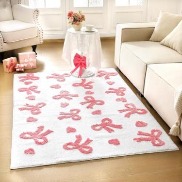 Imagem de Drydiet Tapete de arco rosa 3D Coquete Tapete de área para quarto 10 x 1,8 m Lindo tapete de coração rosa lavável antiderrapante felpudo tapete de pelúcia coquete decoração de quarto para mulheres