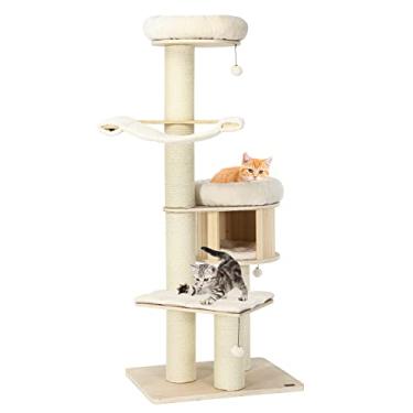 Imagem de HOMGX Árvore de madeira para gatos internos, torre alta moderna para gatos com postes de arranhar de sisal, condomínio, poleiro acolchoado, rede, cama de cochilo, bola pendurada, móveis para animais