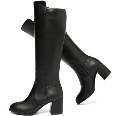 Imagem de Ruiee Botas femininas extra largas na altura do joelho, bota de salto grosso, larga, confortável, plus size, longa, Gogo para mulheres., Preto PU 370, 8 X-Wide