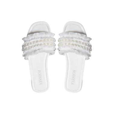 Imagem de BEAUDRM Sandálias rasteiras femininas de corrente de pérolas elegantes de dedo aberto sem cadarço verão casual para uso ao ar livre, Branco liso, 40