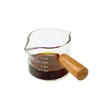 Imagem de Pacote com 1 copo de dose expresso de bico duplo com cabo de madeira, boca em forma de V, copo medidor de vidro transparente de 75 ml, jarra de espuma de leite, ajuste à mão esquerda