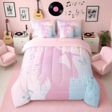 Imagem de jejeloiu Conjunto de cama de casal com estampa de cantor, 7 peças, rosa, para decoração de quarto feminino, leve, com edredom, lençóis, fronhas e capa de almofada
