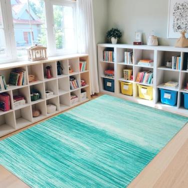 Imagem de USTIDE Tapete moderno ombré, 12 x 18 cm, azul-petróleo, lavável, abstrato, para sala de jantar, quarto, tapete de cabeceira antiderrapante para quarto de crianças, berçário, sala de jogos