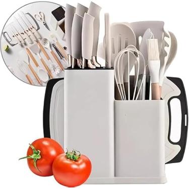 Imagem de Kit Para Cozinha Silicone, 19 Peças Conjunto Completo, Antiaderente, Cabo de Madeira, Suporte Tábua e Faca, Organizador Cozinha (Branco)
