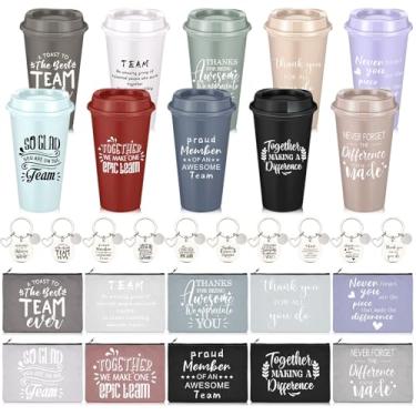 Imagem de Blushtier Conjunto de 10 copos de plástico de agradecimento de funcionários a granel Thank You com tampas 473 ml copos de plástico inspiradores com chaveiros e sacos de maquiagem para presentes de