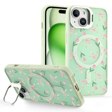 Imagem de OFQKOAKS Capa magnética para iPhone 16 com suporte para câmera, capa de celular com fita de tulipa rosa compatível com MagSafe, capa protetora fina de couro verde macio traseiro rígido TPU para