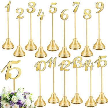 Imagem de Maitys 15 peças de números de mesa de metal 1-15 suportes de número de mesa para casamento 20 cm placa de mesa com base resistente para banquetes, aniversários, festas, eventos, catering (ouro)