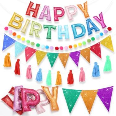 Imagem de Mindsoft 5 pçs faixa pré-amarrada feliz aniversário glitter feliz aniversário guirlanda bola de feltro guirlanda flâmula faixa colorida borla, decoração de festa personalizada para crianças e adultos