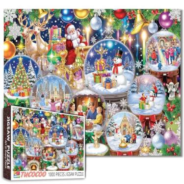 Imagem de Quebra-cabeça de globo de neve de Natal, 1000 peças, 50 × 68 cm, celebração de férias, reunião de família, Papai Noel, árvore de Natal, lareira rena, boneco de neve, inverno, estação festiva