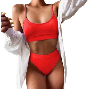 Imagem de Maiôs De Biquíni De Cintura Alta Mulheres Push Up Swimwear Cinta Com Nervuras Terno Biquini Brazili Biquíni Beachwear, Red, S