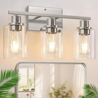 Imagem de Indoi Luminária de banheiro com 3 luzes, luminárias de níquel escovado com persianas de vidro transparente, lâmpada de parede moderna para banheiro, espelho, sala de estar, armário, quarto, varanda