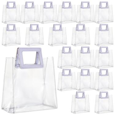 Imagem de mekueeex Pacote com 20 sacos de presente transparentes com alças brancas, sacos de embrulho de PVC, sacolas de plástico reutilizáveis para festa de noiva, casamento, chá de bebê, festa de aniversário