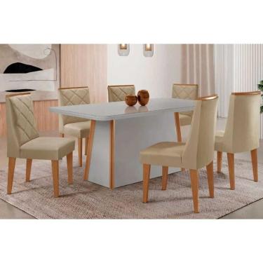 Imagem de Conjunto Sala de Jantar Tilia c/ Tampo Madeirado c/ Vidro Canto Curvo 180x90cm e 6 Cadeiras Pietá Madeira Maciça Naturale/Off White - Capuccino/Linho 
