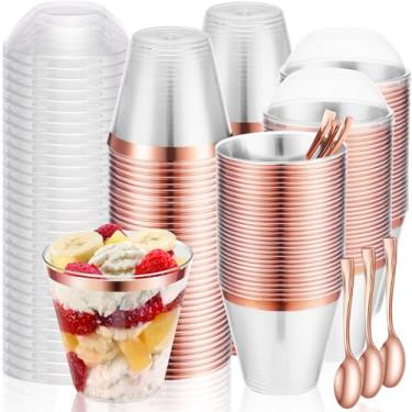 Imagem de Jinei 50 conjuntos de copos de sobremesa de plástico ouro rosa de 255 g com tampas de cúpula, colheres de copos de frutas de plástico descartáveis transparentes com tampas para iogurte, parfait, pudim